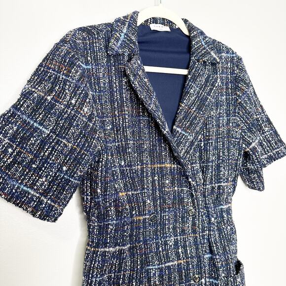 Sandro Short Tweed Dress Deep Blue White Button Front 36 2 - Picture 5 of 13